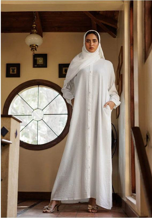 Abaya with Pockets – Elegant White Button-Down Style - SixtyOneShop