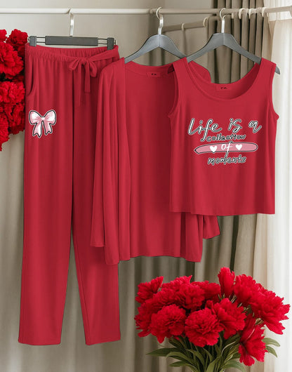His Queen 3-Piece Red Loungewear Set – Women's Comfy Sleepwear with Stars & Crown Print SixtyOneShop