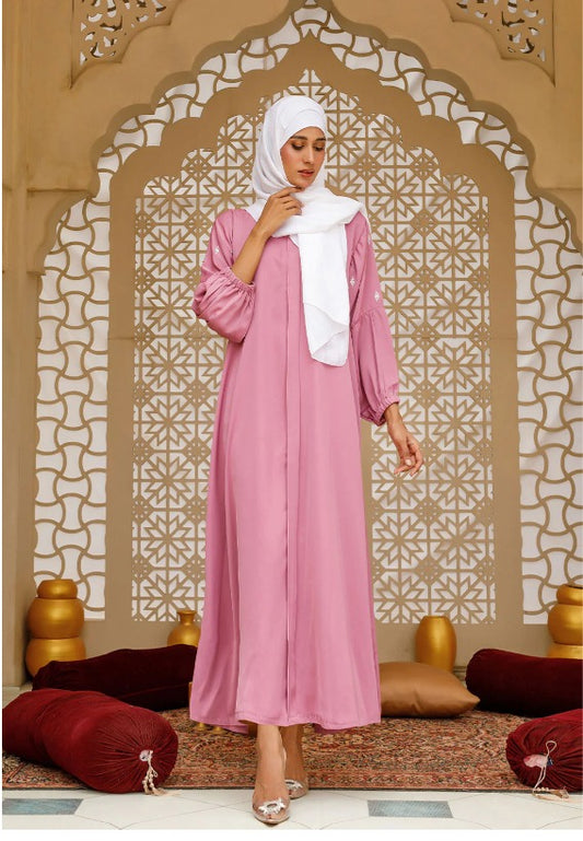 Blush Pink Modest Abaya with Ruched Sleeves – Elegant & Lightweight