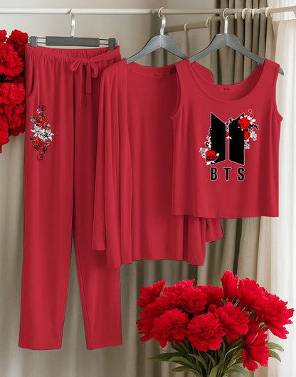 His Queen 3-Piece Red Loungewear Set – Women's Comfy Sleepwear with Stars & Crown Print SixtyOneShop
