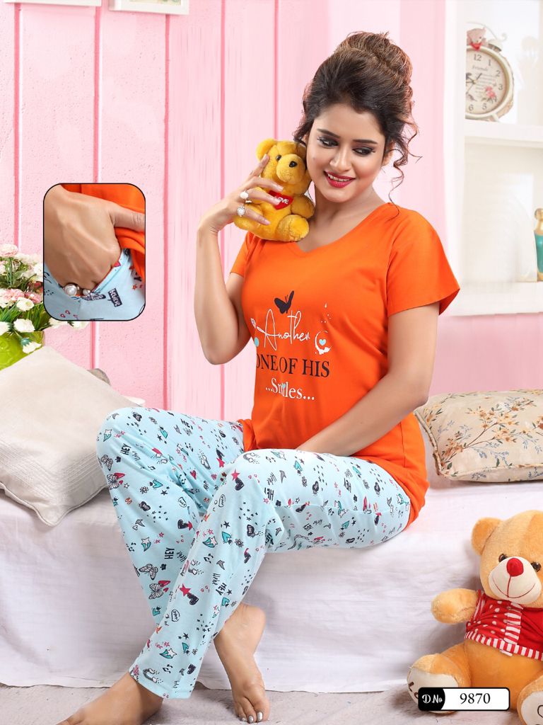 Women’s Cotton Night Suit Set – Printed T-Shirt & Pajama with Pocket | Soft Loungewear & Sleepwear SixtyOneShop
