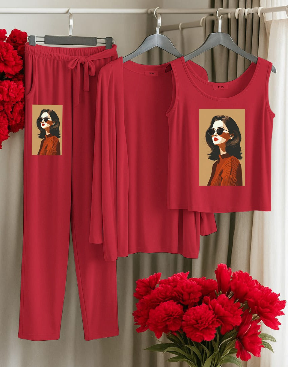 His Queen 3-Piece Red Loungewear Set – Women's Comfy Sleepwear with Stars & Crown Print SixtyOneShop