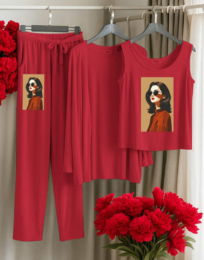 His Queen 3-Piece Red Loungewear Set – Women's Comfy Sleepwear with Stars & Crown Print SixtyOneShop