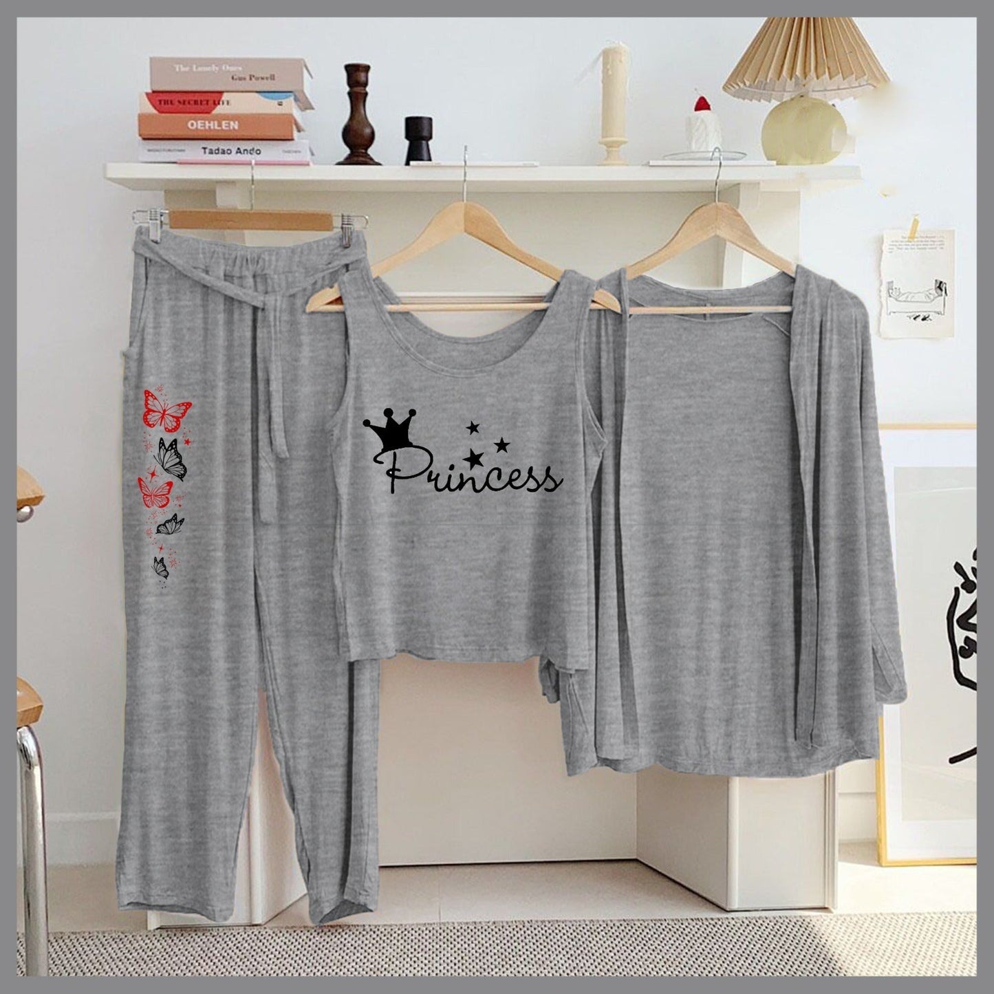 Butterfly & Galaxy 3-Piece Grey Loungewear Set – Women's Cozy Nightwear SixtyOneShop