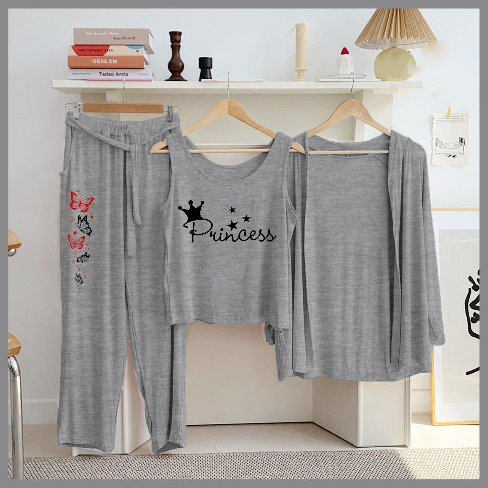 Butterfly & Galaxy 3-Piece Grey Loungewear Set – Women's Cozy Nightwear SixtyOneShop