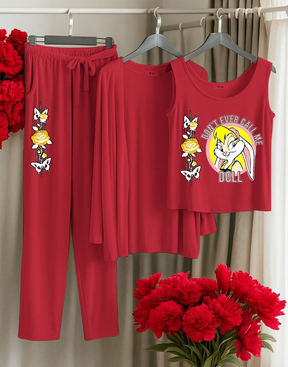 His Queen 3-Piece Red Loungewear Set – Women's Comfy Sleepwear with Stars & Crown Print SixtyOneShop