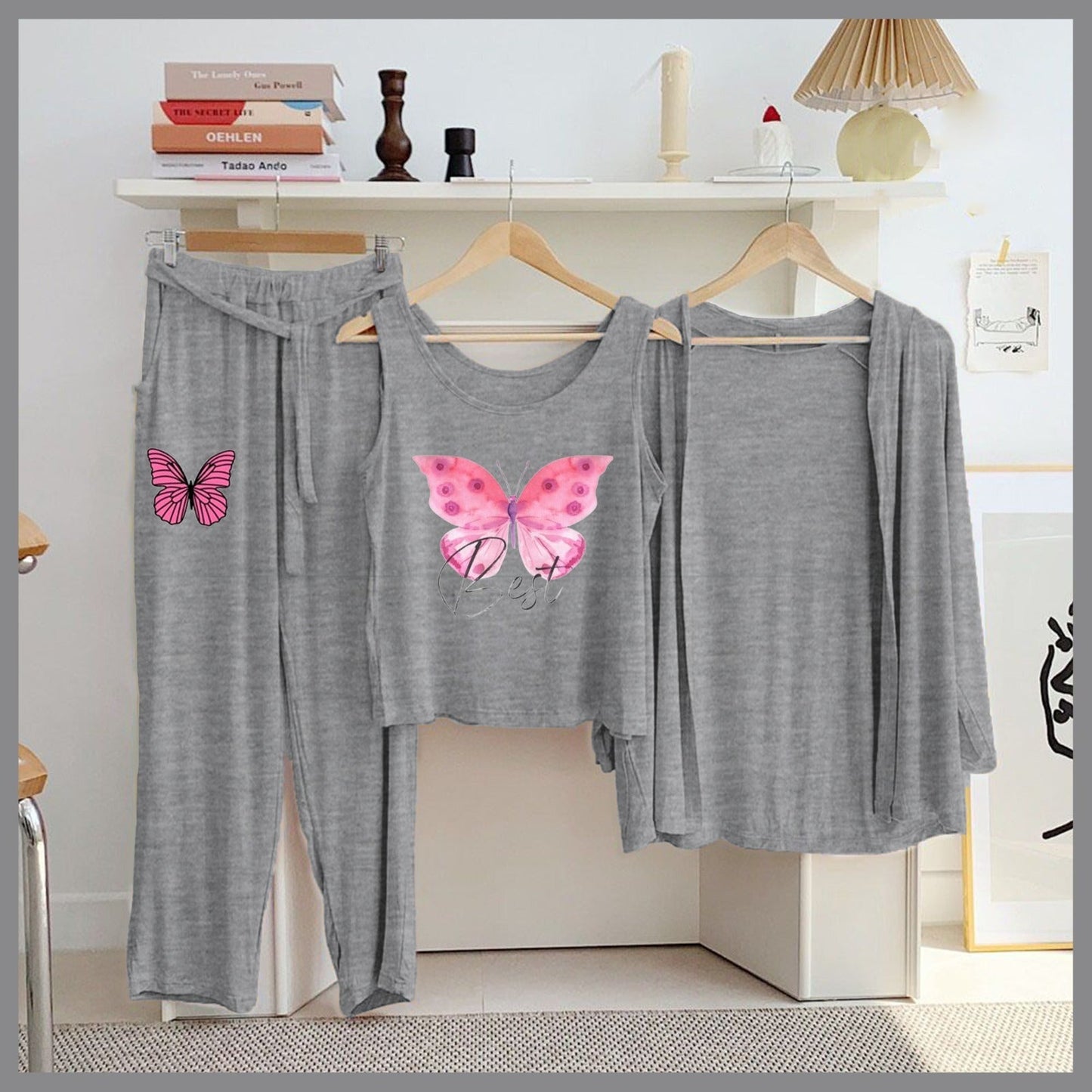 Butterfly & Galaxy 3-Piece Grey Loungewear Set – Women's Cozy Nightwear SixtyOneShop