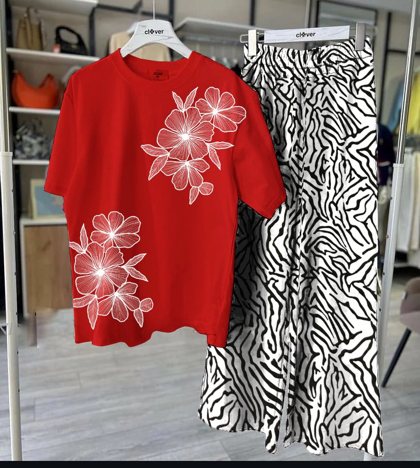 Bold Floral Red T-Shirt & Zebra Print Palazzo Set - Women's Two-Piece Outfit SixtyOneShop