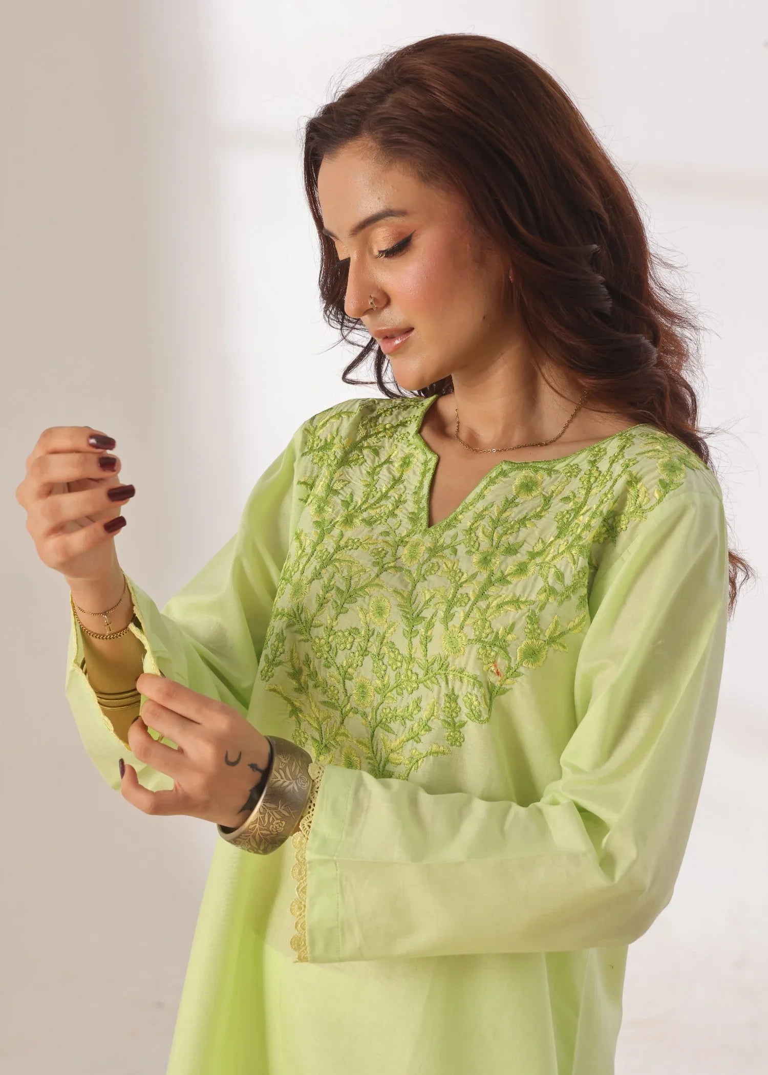 Grace - Embroidered Kurti Shalwar Set - Lime the-stylefits
