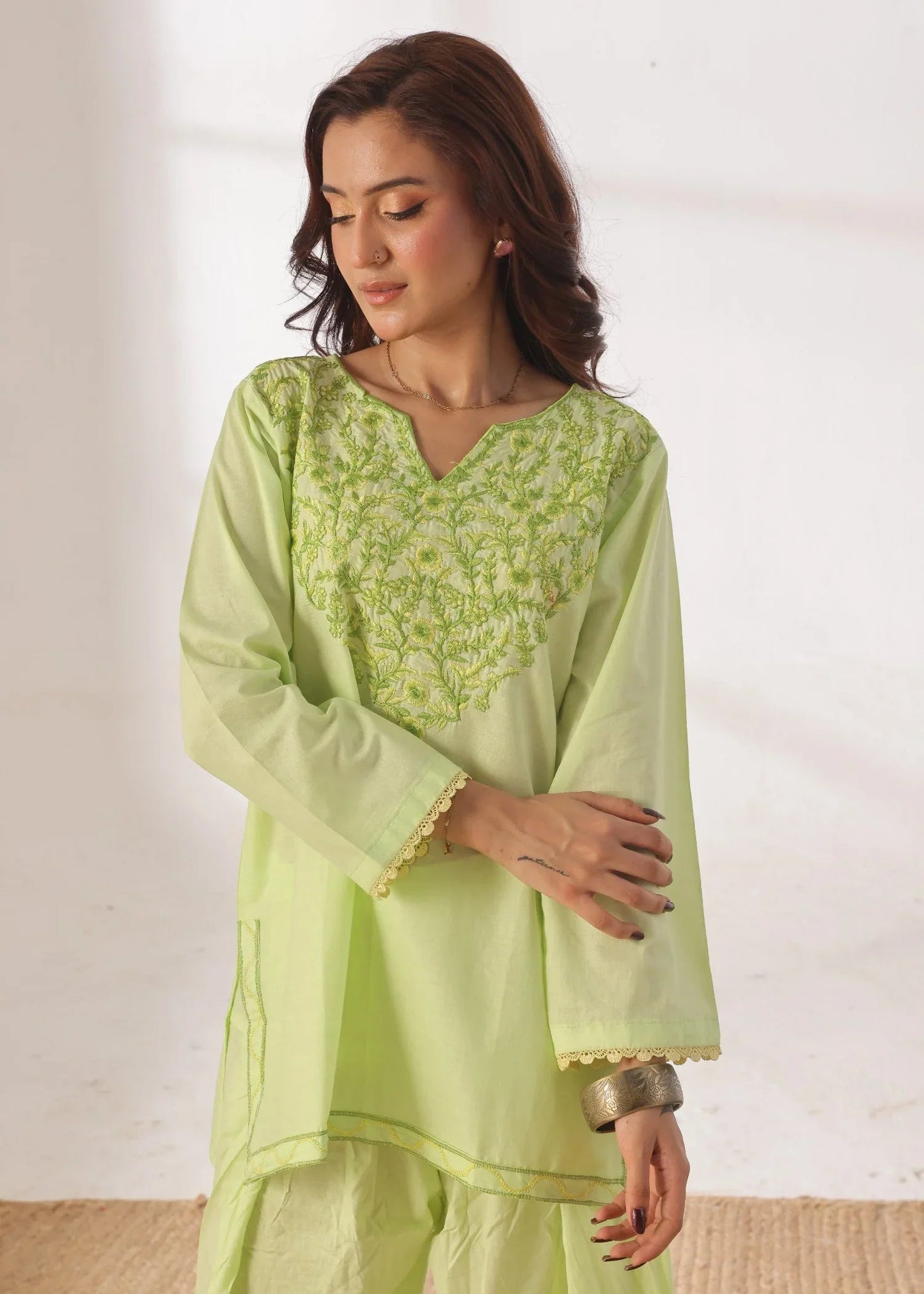 Grace - Embroidered Kurti Shalwar Set - Lime the-stylefits