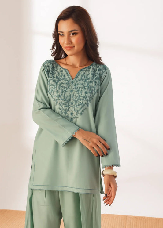 Grace - Embroidered Kurti Shalwar Set - Pastel Green the-stylefits