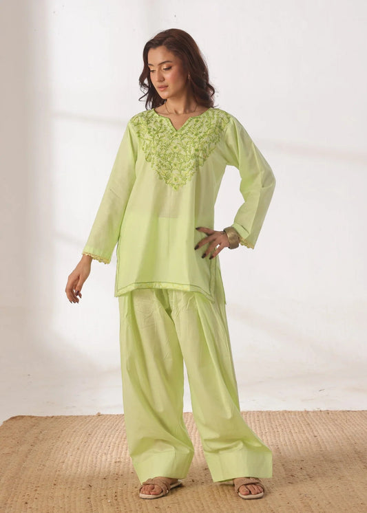 Grace - Embroidered Kurti Shalwar Set - Lime the-stylefits