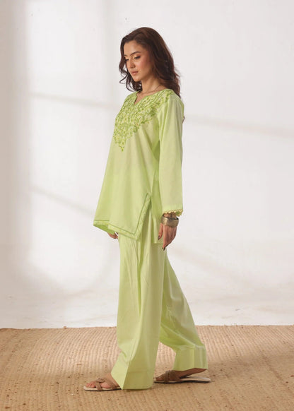 Grace - Embroidered Kurti Shalwar Set - Lime the-stylefits