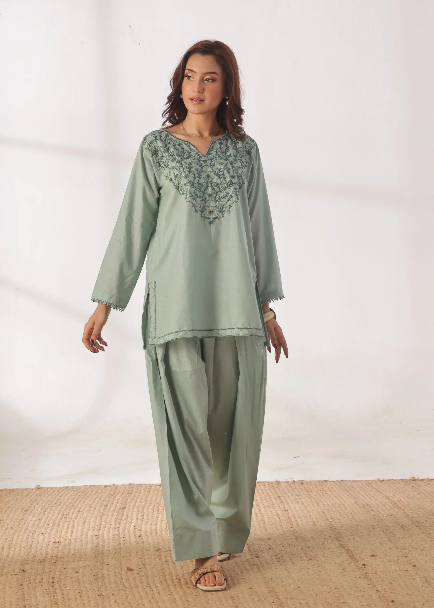 Grace - Embroidered Kurti Shalwar Set - Pastel Green the-stylefits