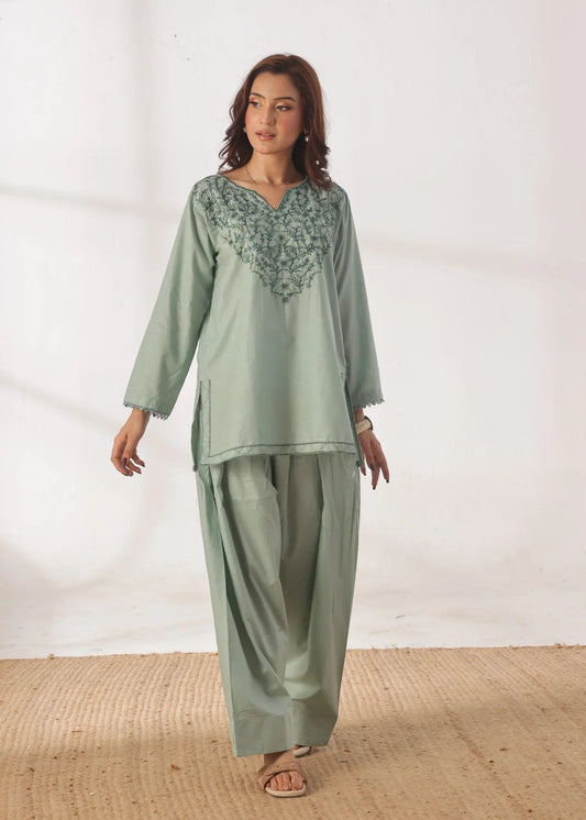 Grace - Embroidered Kurti Shalwar Set - Pastel Green the-stylefits