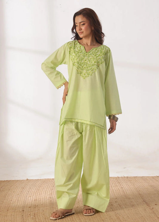 Grace - Embroidered Kurti Shalwar Set - Lime the-stylefits