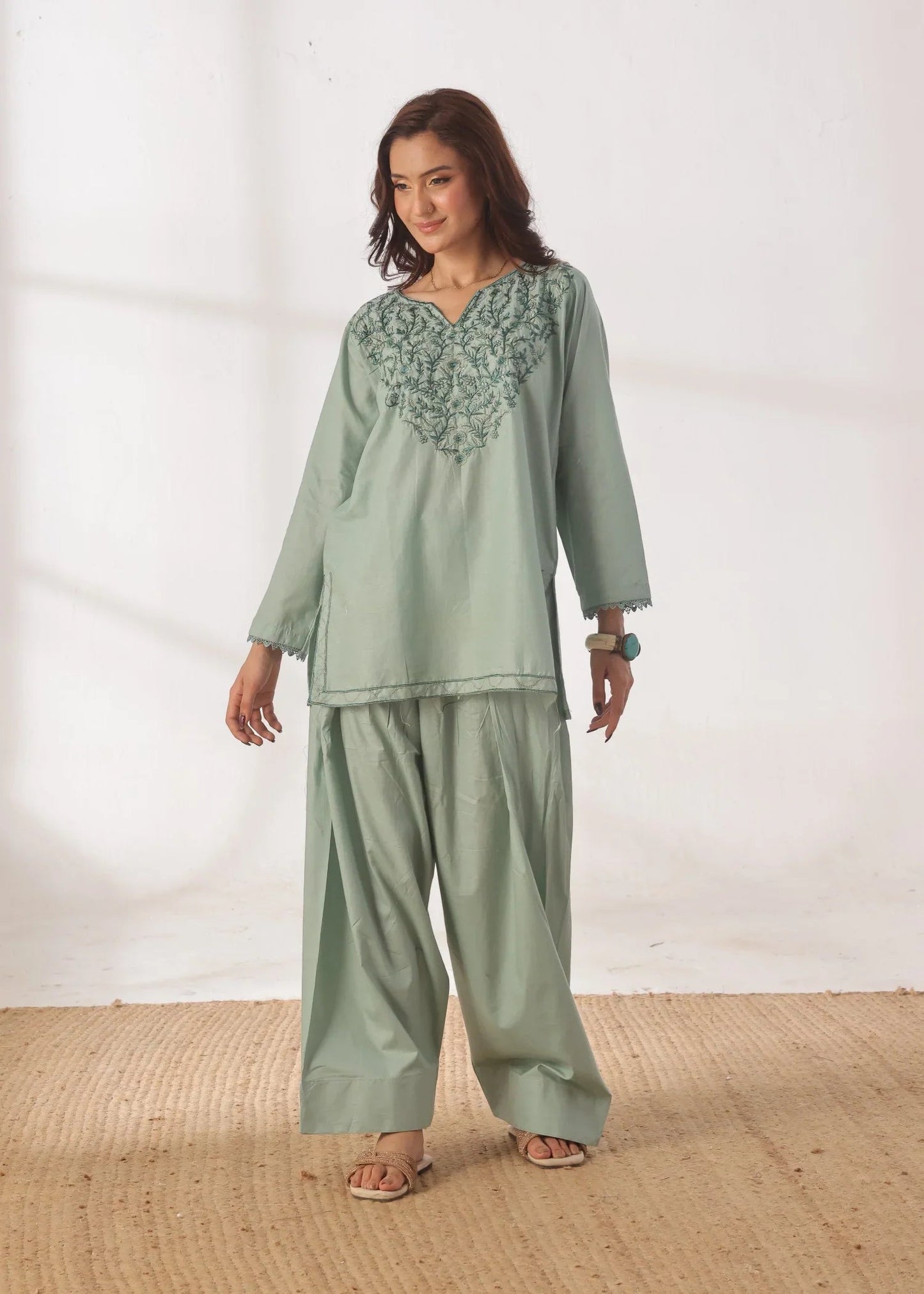 Grace - Embroidered Kurti Shalwar Set - Pastel Green the-stylefits