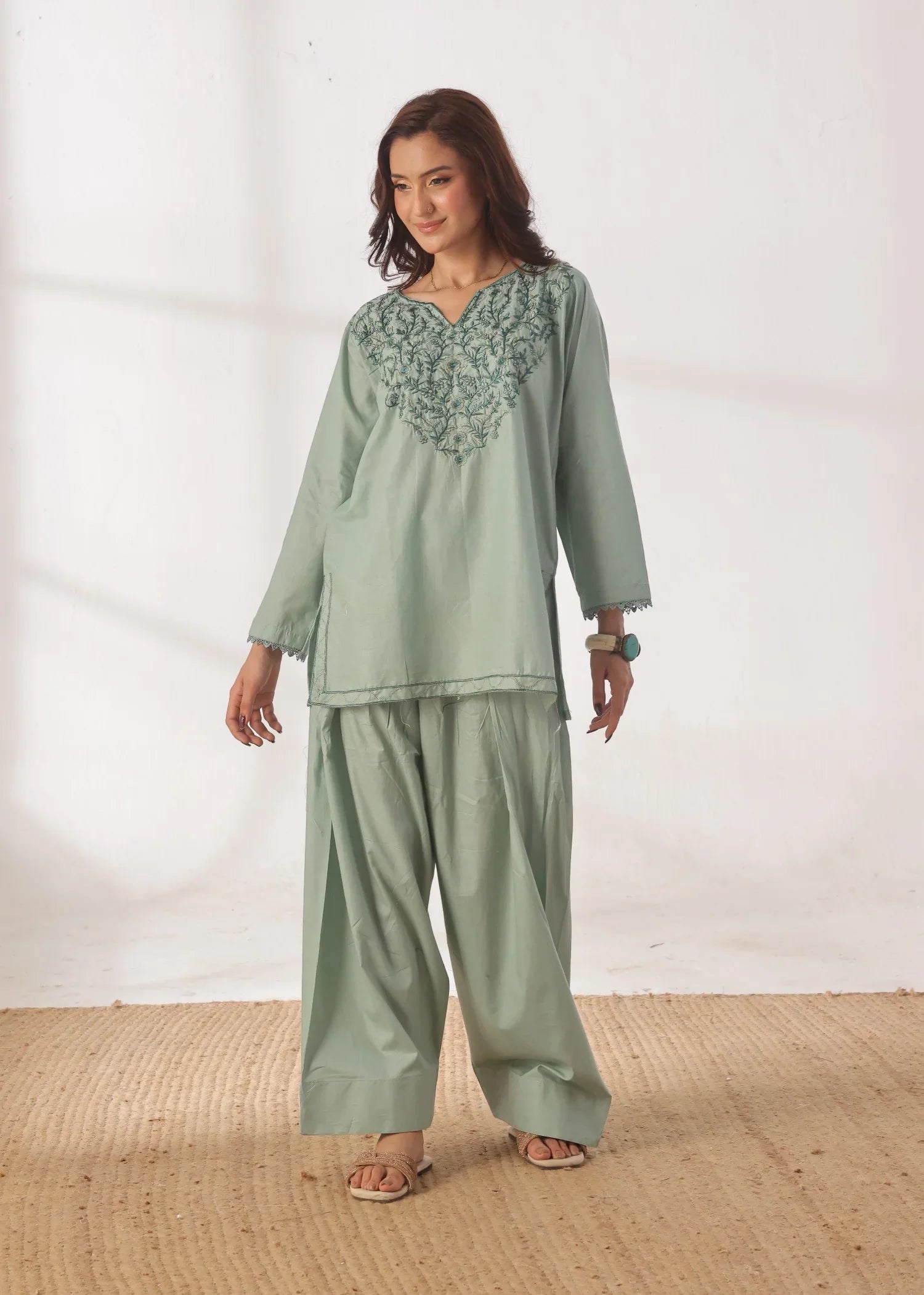 Grace - Embroidered Kurti Shalwar Set - Pastel Green the-stylefits