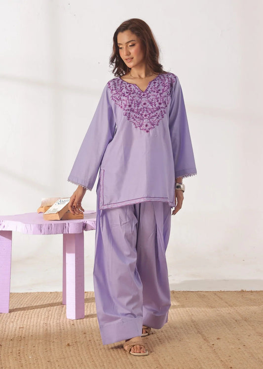 Grace - Embroidered Kurti Shalwar Set - Lilac the-stylefits
