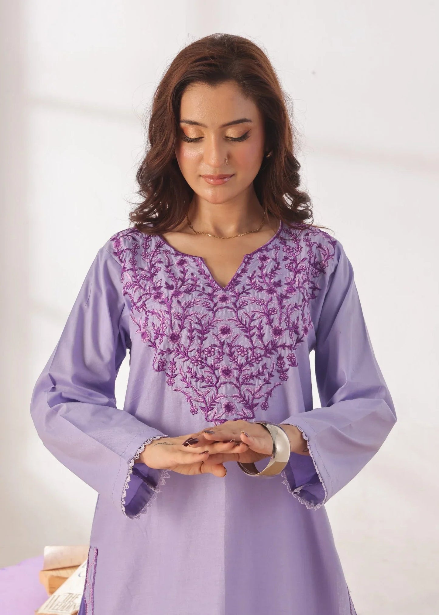 Grace - Embroidered Kurti Shalwar Set - Lilac the-stylefits