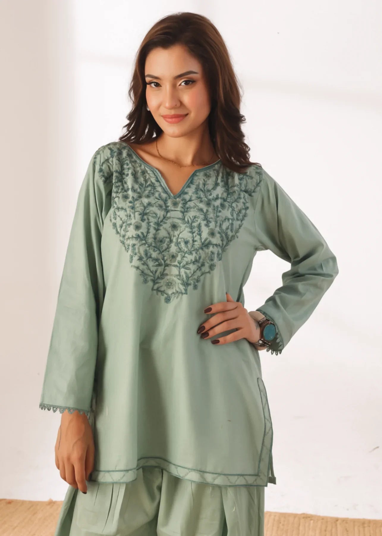 Grace - Embroidered Kurti Shalwar Set - Pastel Green the-stylefits