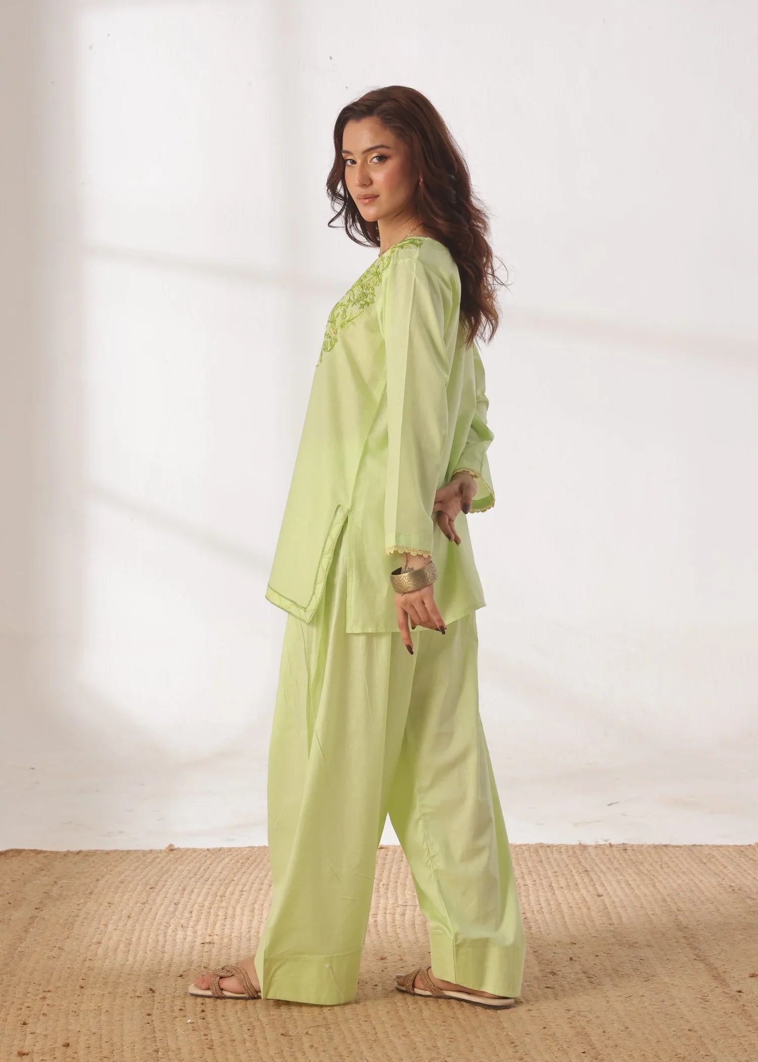 Grace - Embroidered Kurti Shalwar Set - Lime the-stylefits
