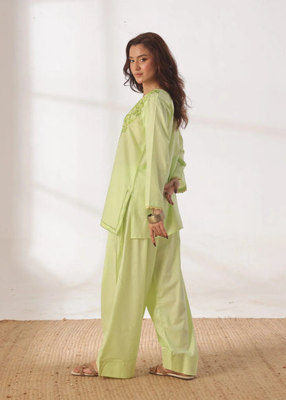Grace - Embroidered Kurti Shalwar Set - Lime the-stylefits
