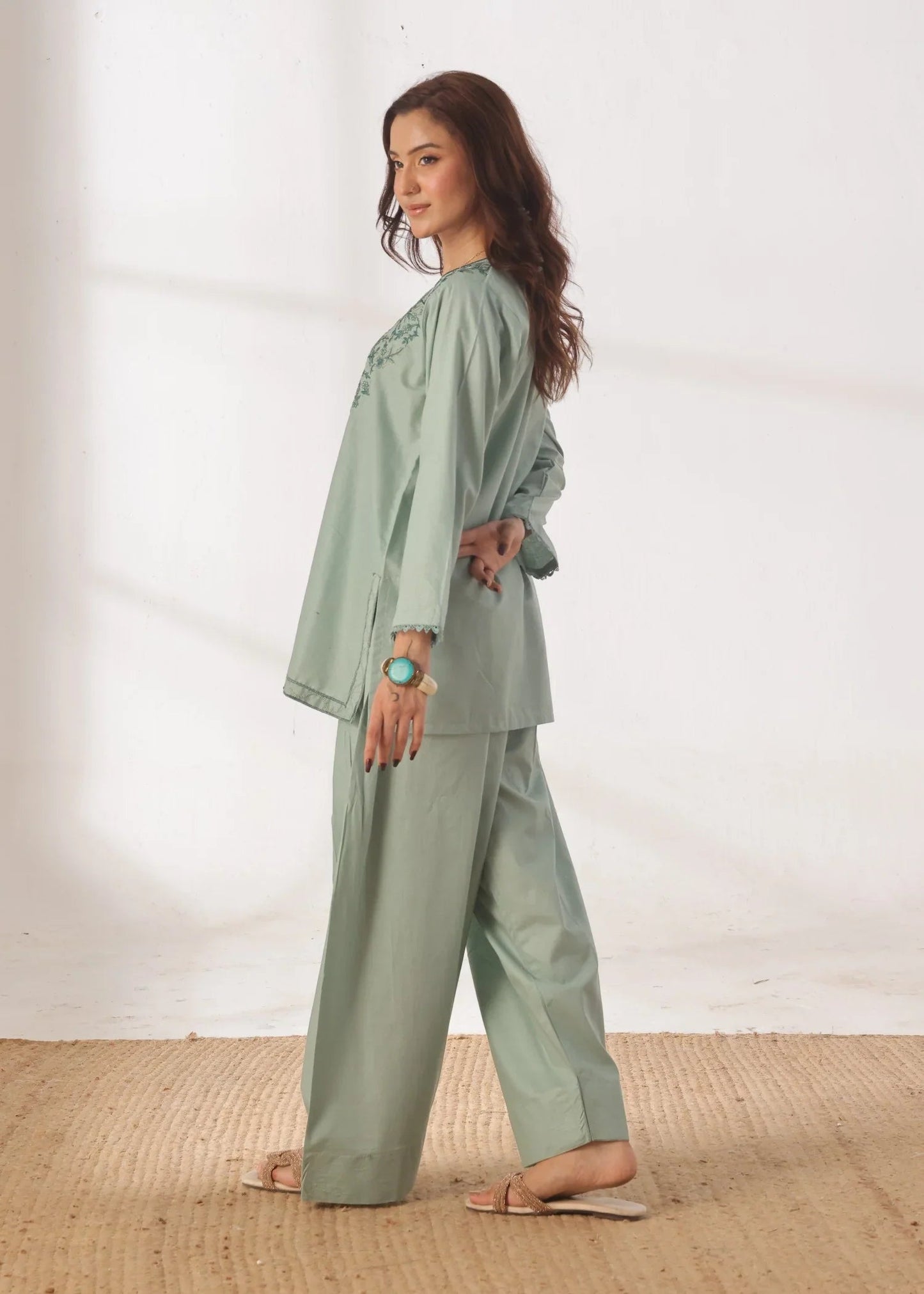 Grace - Embroidered Kurti Shalwar Set - Pastel Green the-stylefits