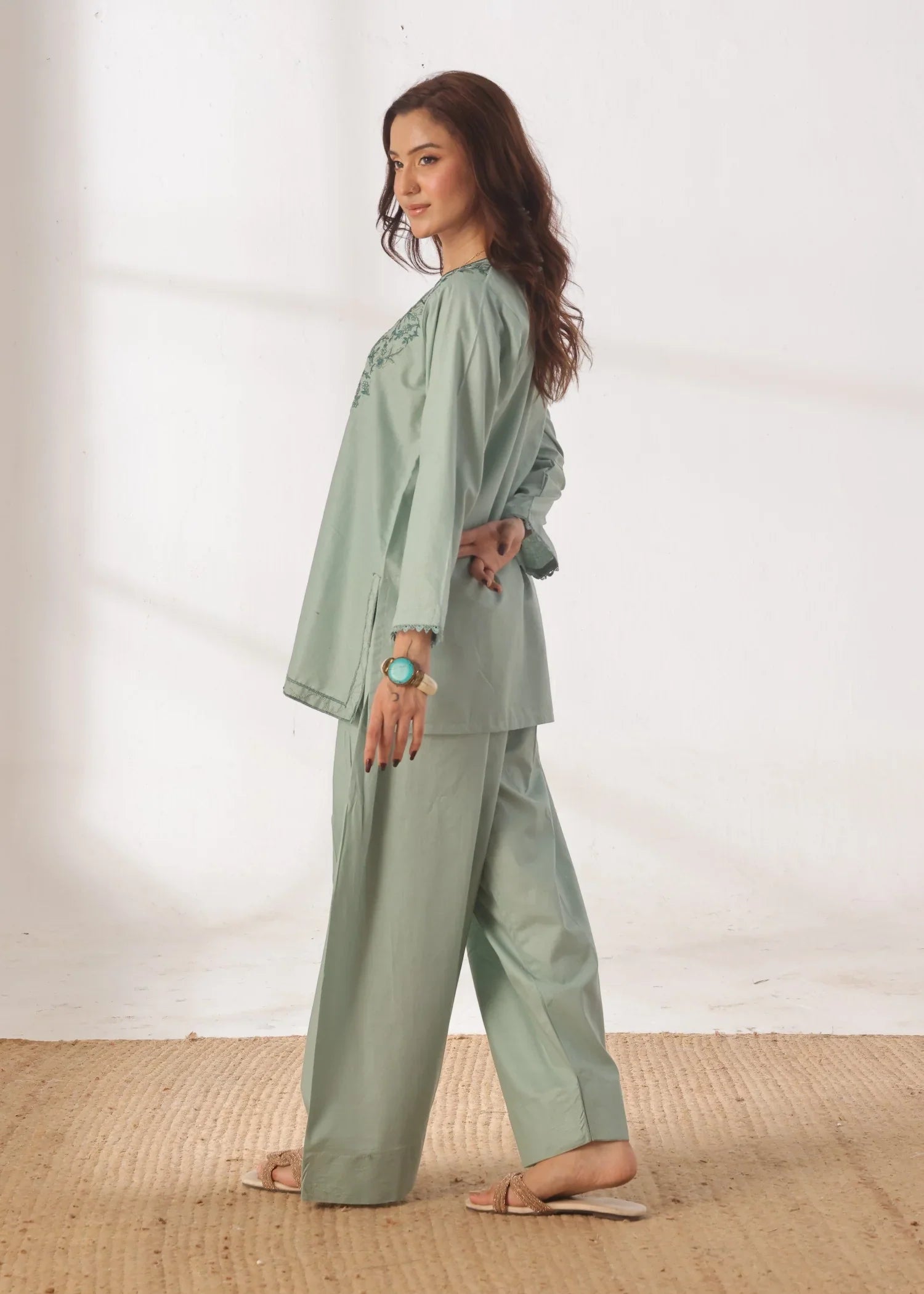 Grace - Embroidered Kurti Shalwar Set - Pastel Green the-stylefits