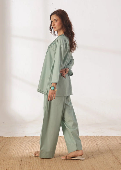 Grace - Embroidered Kurti Shalwar Set - Pastel Green the-stylefits