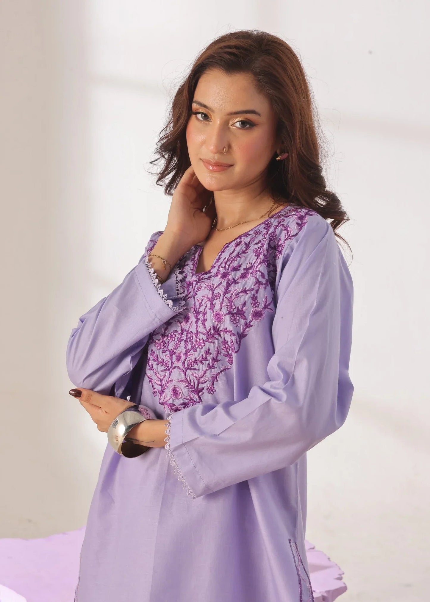 Grace - Embroidered Kurti Shalwar Set - Lilac the-stylefits