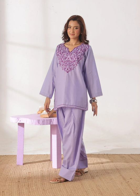Grace - Embroidered Kurti Shalwar Set - Lilac the-stylefits