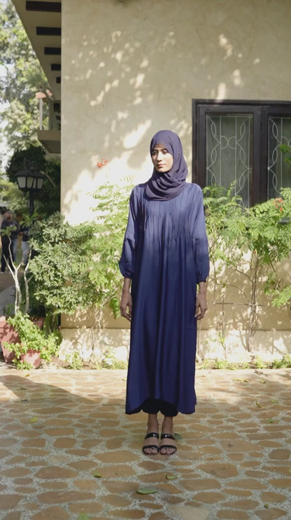 Pleated Modest Maxi Dress - Navy Blue